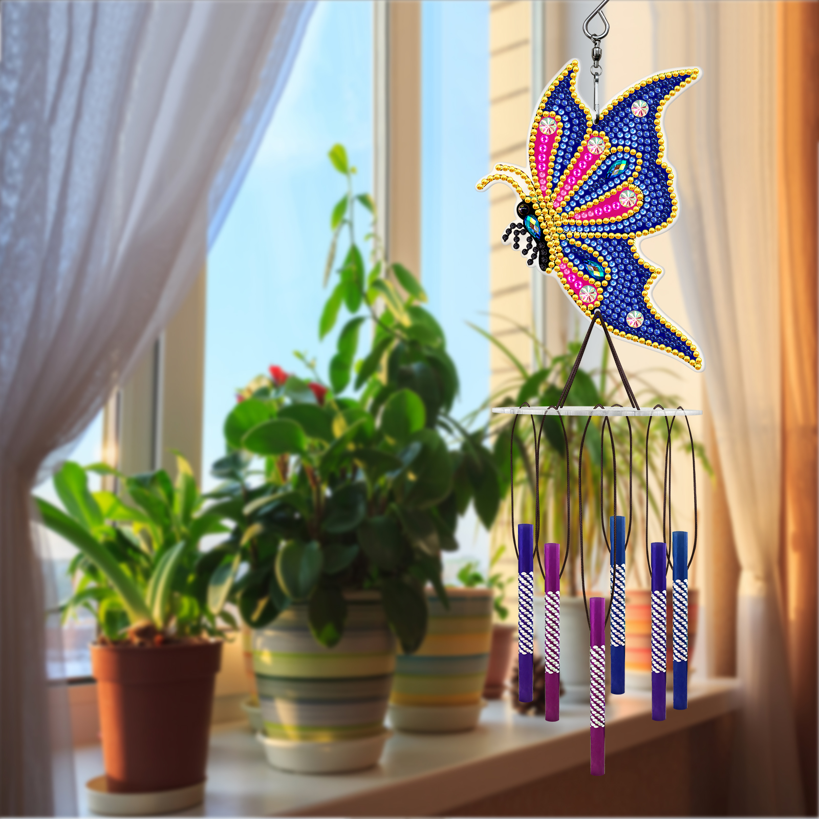 Pintura de diamante completa de doble cara, campana de viento giratoria, mariposa, Libélula, decoración de ventana, mosaico hecho a mano, artístico