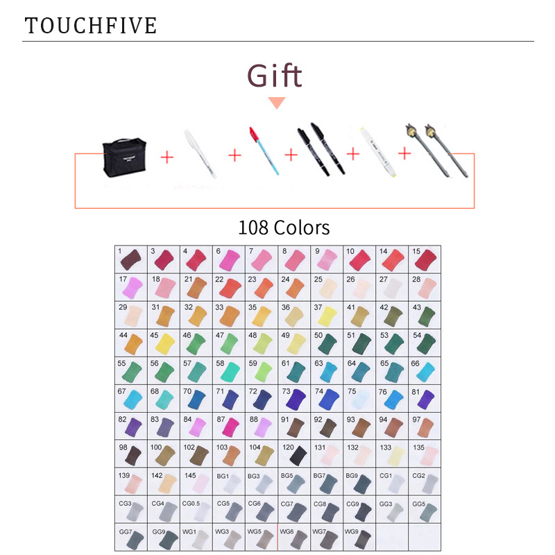 TouchFIVE 60/80/168 Farben Marker Set Manga Zeichnung Marker Pen Alkohol Basierend Skizze Filz-Spitze Fettige Twin Pinsel Stift Kunst liefert: 108 COLORS