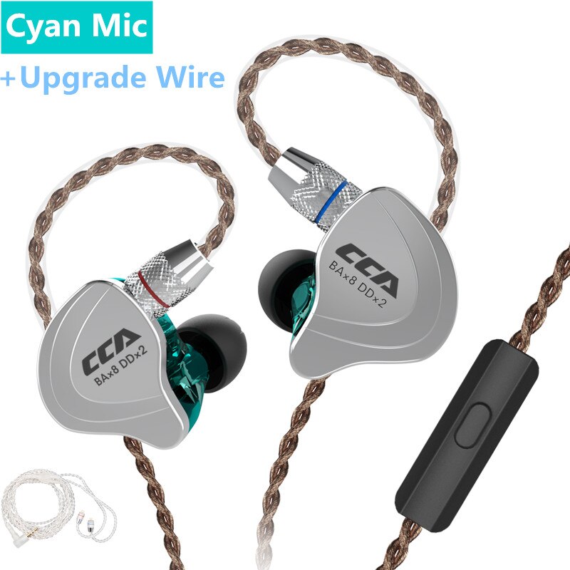 Cca C10 1DD + 4BA Hybrid 2PIN in Ear Auricolare Stereo Dj Monitor Corsa E Jogging Sport Auricolare Auricolare Auricolari con Detacable aggiornato C16cA4: cyan with mic silve