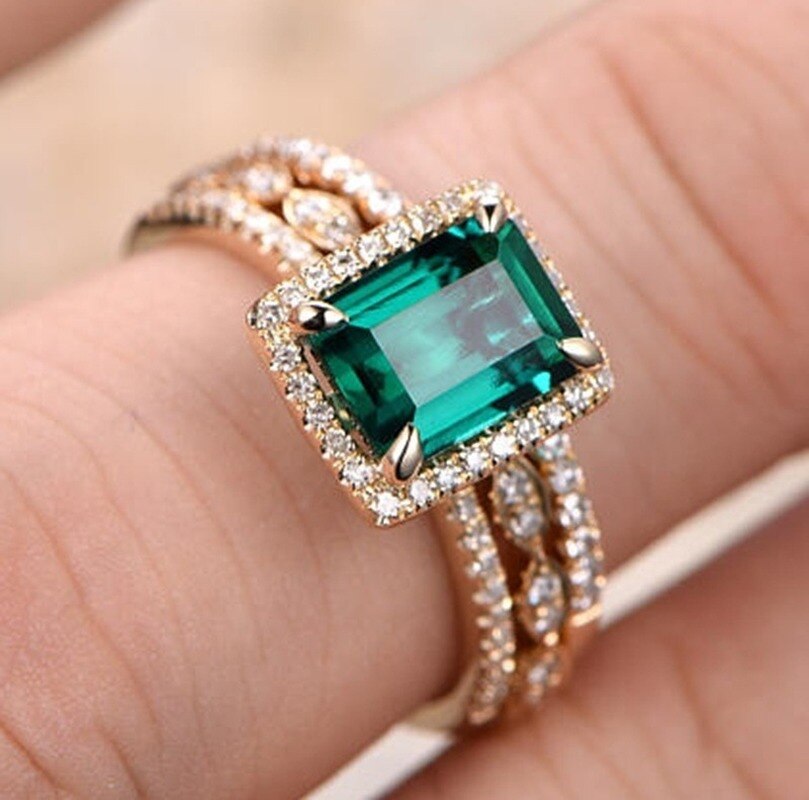 exquisit Gold Füllen Grün Kristall Zirkon schneiden Engagement Ring einstellen Edlen Schmuck