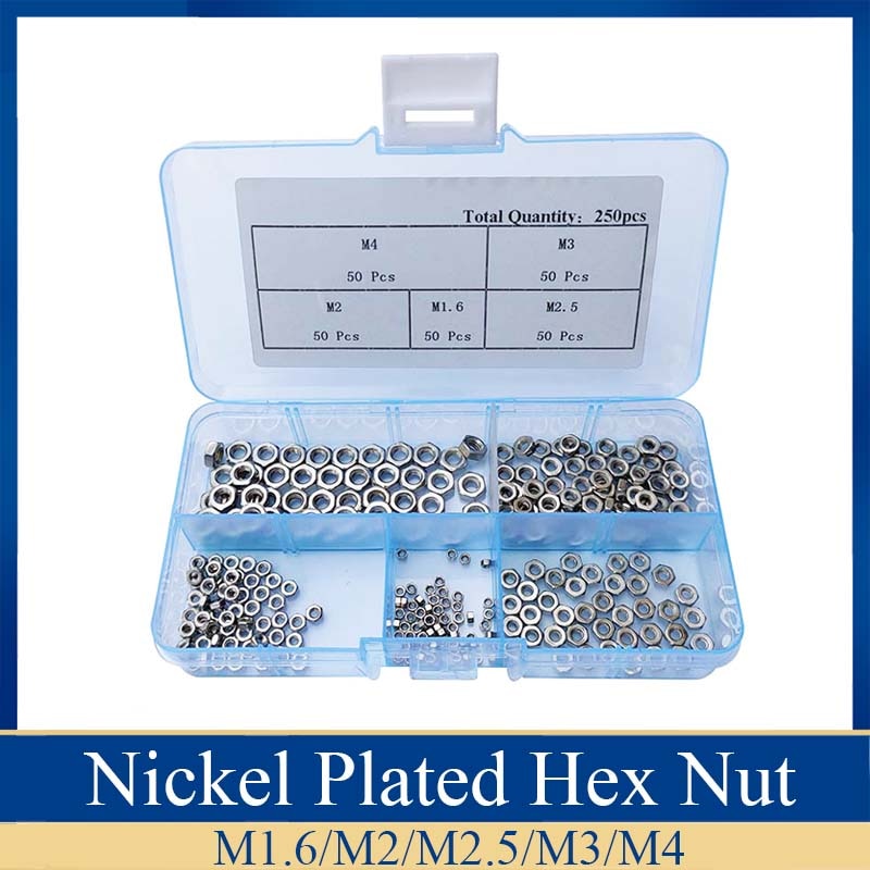 250pcsset Nickel Plated M16 M2 M25 M3 M4 Carbon Steel Hex Nut Assortment Kit Hexagon Nuts 