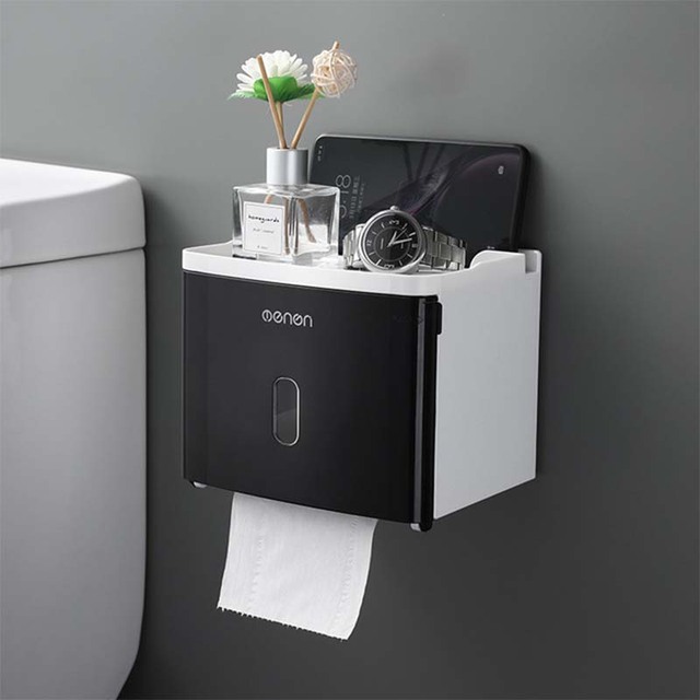 Toilet Paper Holder Wall-Mounted Waterproof Double Layer Storage Box Roll Tube for Toilet Paper Bathroom Accessories: Black-001