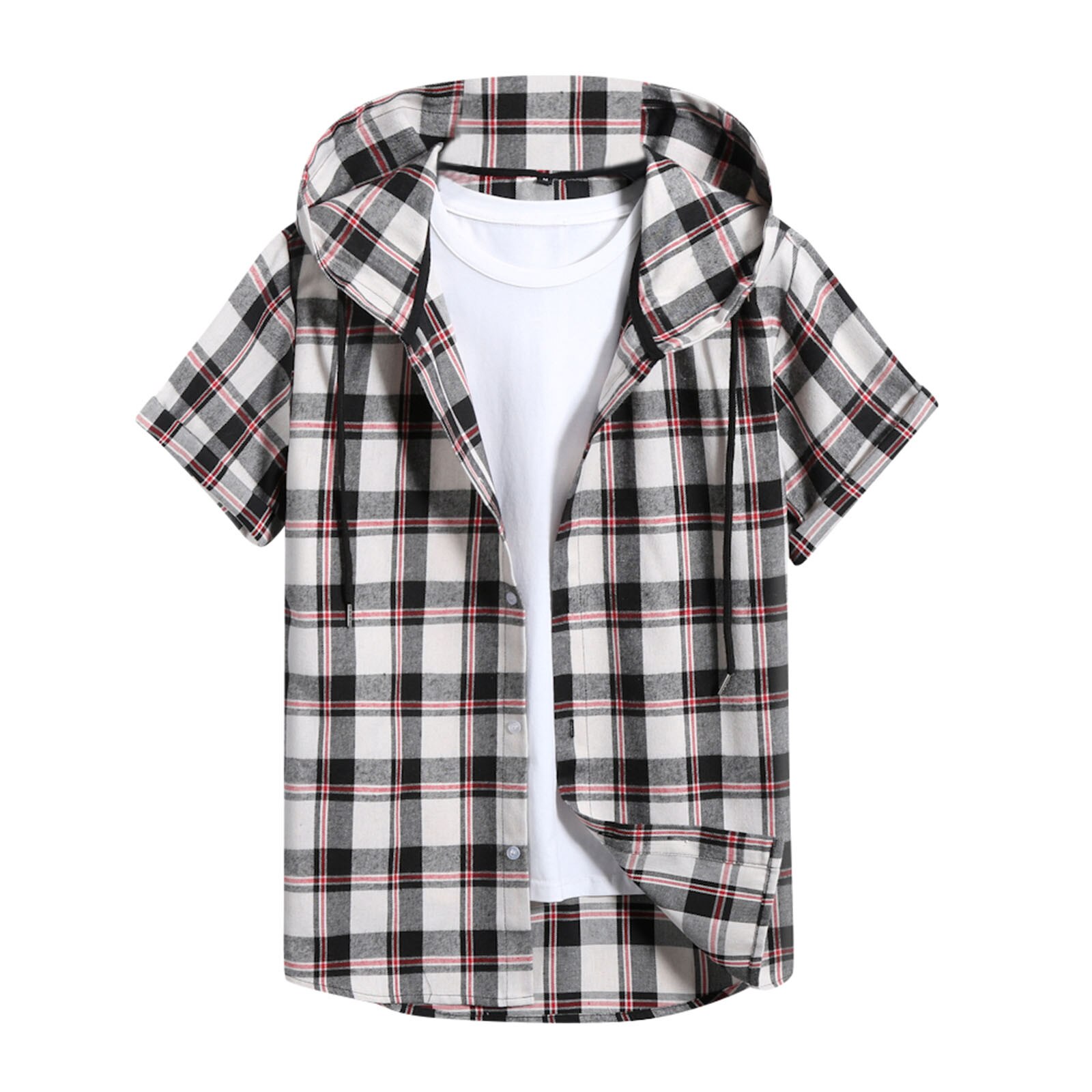 Summer Shirt For Men Spring Casual Dress Shirt Clothes Slim Plaid Short Sleeve Shirts Hooded Shirts Top Blouse рубашка мужская: White / M