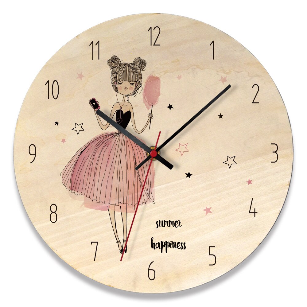 Horloge murale en bois nordique moderne 3D décoration en bois fille chambre dessin animé mignon horloge murale montre murale décoration de la maison: B