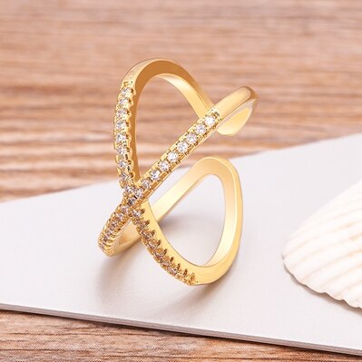 Bague de fiançailles en forme de X pour femmes, anneau de luxe, pavé de Zircon couleur or, bijoux élégants simples, ouvert, réglable, offre spéciale: R176