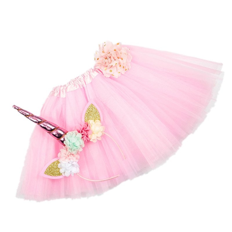 Vogueon criança do bebê tutu saia 9 cores elástico em camadas uma linha meninas arco tutu flor com unicórnio bandana para festa de aniversário