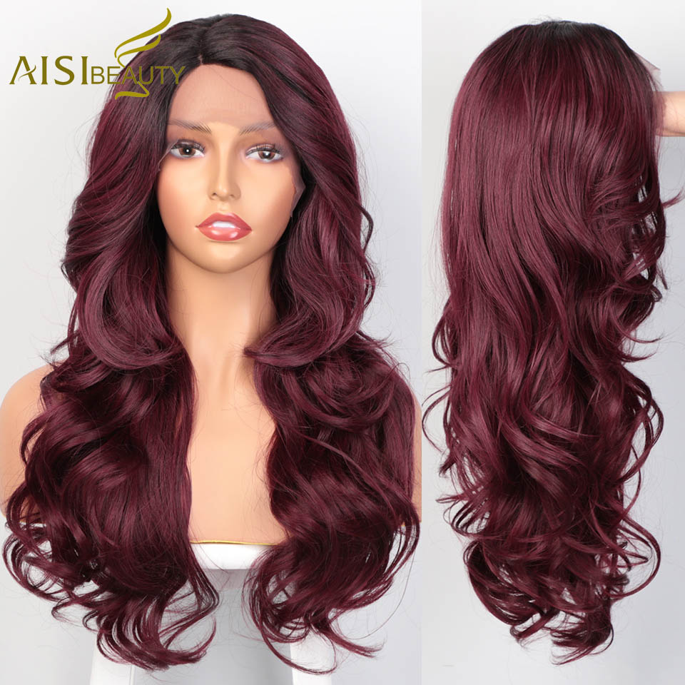 AISI BEAUTY Long Wavy Dark Red Wigs Synthetic Lace Front Wigs for Women Black Lace Wigs High Temperature Fiber Cosplay Hair