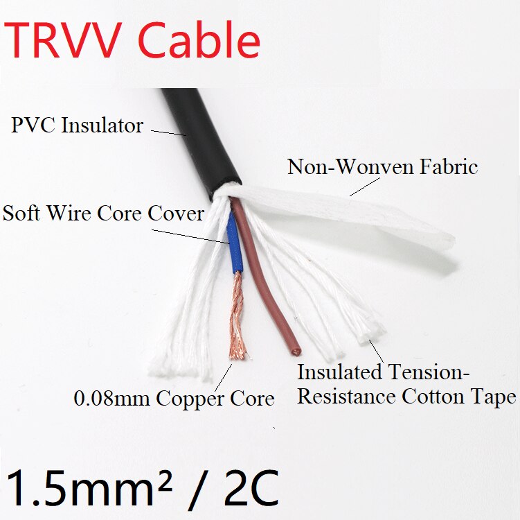 Platz 1,5mm TRVV Schleppleine Kabel 2Ader Mantel Kupfer Draht Weichen PVC Isolierte Strom Ziehen Kette Linie Biegen Widerstand schwarz