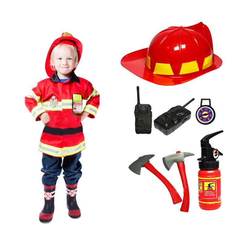 Boys Fireman Role Play House Playing Game Cosplay Fire Station Chief Costume Kids Children Costume Dress-Up Set (5PCS)