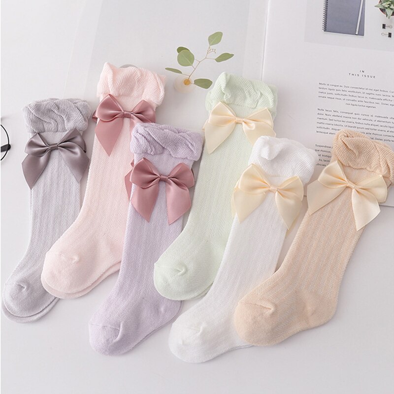 Leuke Bows Baby Sokken Ademend Dunne Baby Baby Meisje Kniehoge Sokken Effen Kleur Zachte Zomer Kids Peuter Lange Sokken
