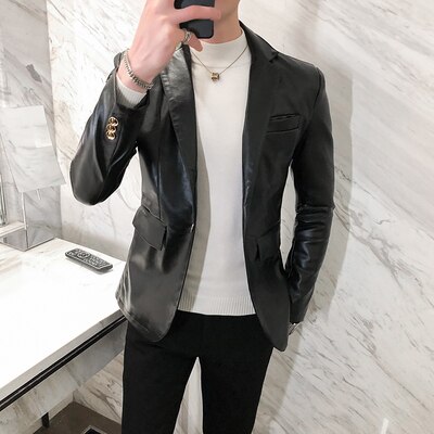 Høst pu skinnjakke blazer koreansk slank skinn dressjakke ensfarget herre skinnjakke m-xxxl: Svart / Xxl