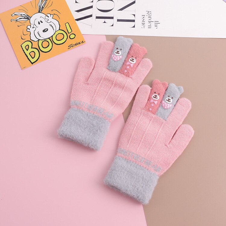 For 4~7Y Kids Winter fingers warm soft knitted boy gloves carton girls thin gloves for Kids: pink