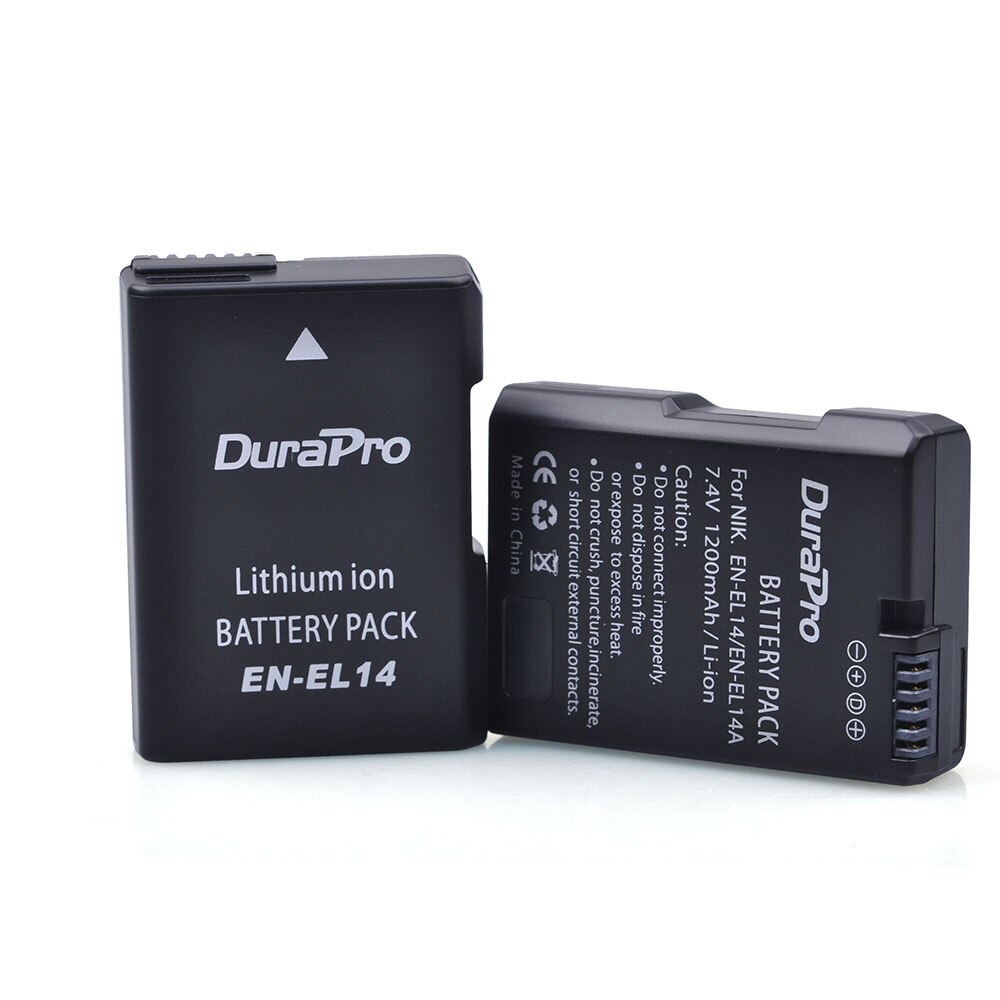 Durapro 2pc 1200 mah en -el14 en el14 batteri + dobbelt oplader til nikon eos  d5500, d5300, d3300, d5100, d5200, d3100, d3200 batteri: 2 batterier
