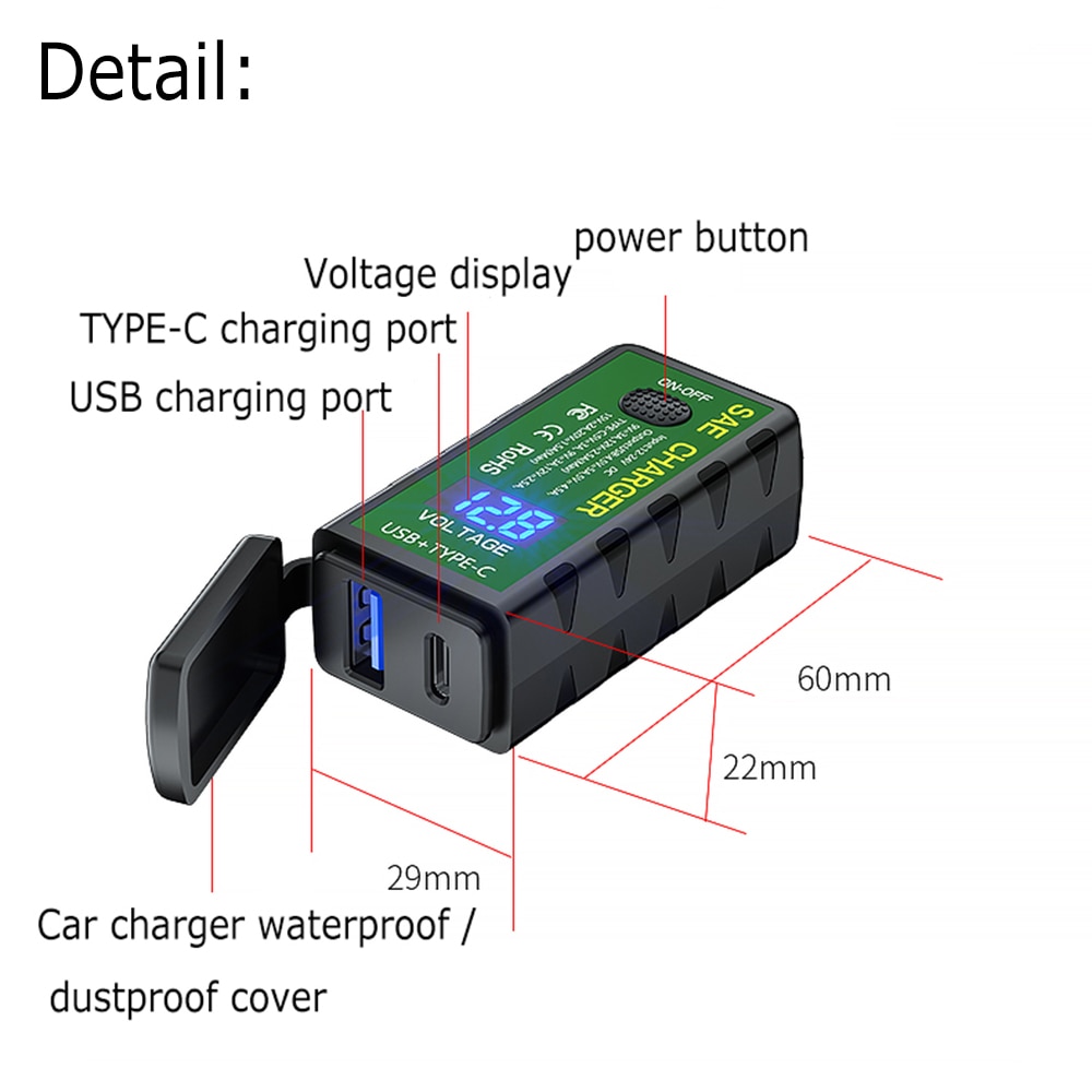 Vattentät motorcykelhandtag dubbel usb typ-c laddare skoter strömförsörjning uttag med voltmeter  qc3.0 snabbladdare