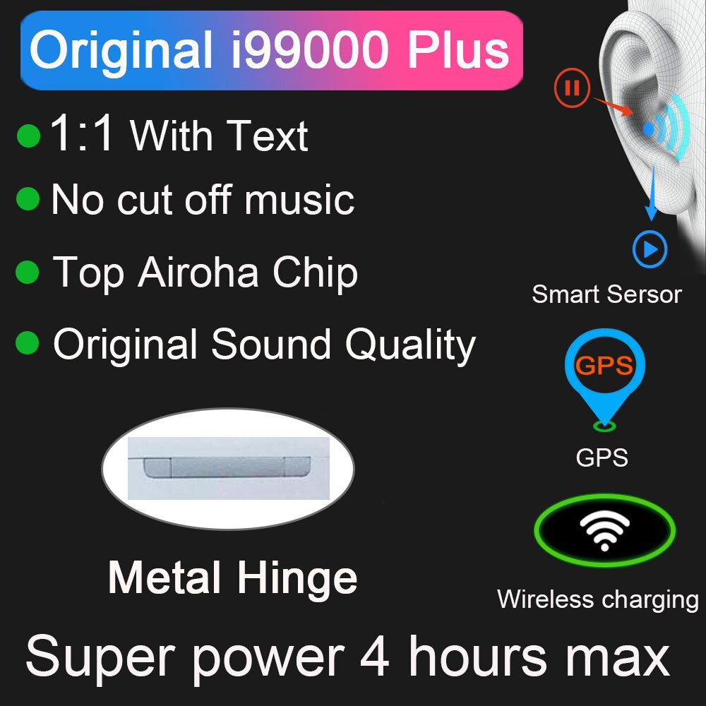 I99000 Plus TWS sans fil Bluetooth écouteur PK i5000 i9000 Pro i99999 Plus TWS Air2 haut Airoha 1562A puce avec charnière en métal de texte
