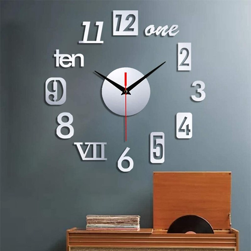 DIY Wall Clock - Modern 3D Mirror Wall Clock Decor,Roman Numerals Clock - Wall Sticker Clock Home Room Decor