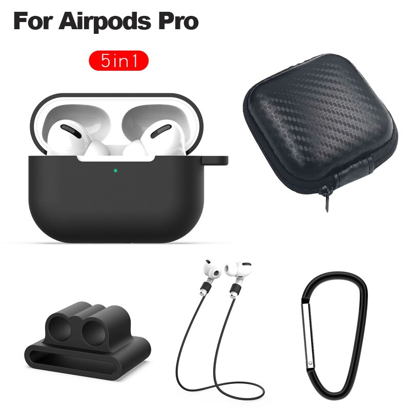 6 In-1 Case Lanyard Karabijnhaak Beschermhoes Voor Airpods 2 3 Hoofdtelefoon Siliconen Cover Voor Air Pods 2 3 Pro Case Accessoires Doos: black for airpod pro