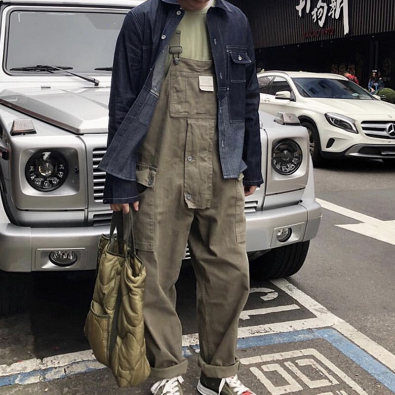 Vintage Multi Pocket Overalls Casual Mannen Jumpsuit Streetwear Losse Een Stukken Caro Broek Riem Pantalon Hombre Past Zomer