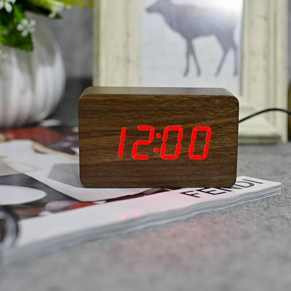 FiBiSonic Red series Thermometer LED Digital Clock,Sounds Control Wooden Alarm Clocks,Desktop Clock: brown red