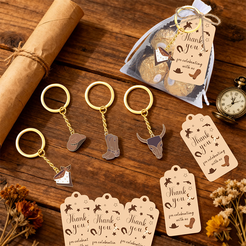 *12 set western cowboy festgåvor för gäster cowboy stövelhatt nyckelring med vita organzapåsar och tacketiketter