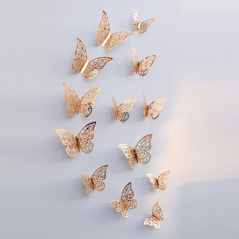 12pcs/set Hollow 3D Butterfly Wall Sticker for Wedding Decoration living room window Home Decor Gold silver Butterflies stickers: Champagne gold C