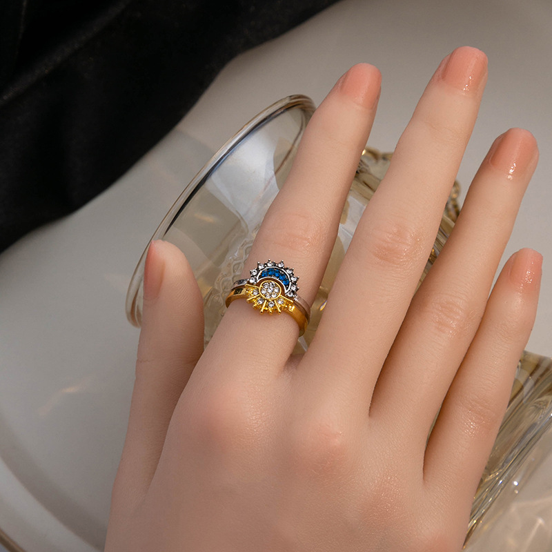YILUOCD-Anillos de pareja ajustables con sol y luna brillantes, anillo de promesa abierto con circonita cúbica, joyería de compromiso apilable, del día 2024
