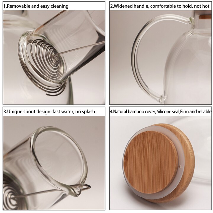 1800ml varmebestandig kanne glas tekande med bambus låg rustfrit stål filter med infusions dip kedel med håndtag
