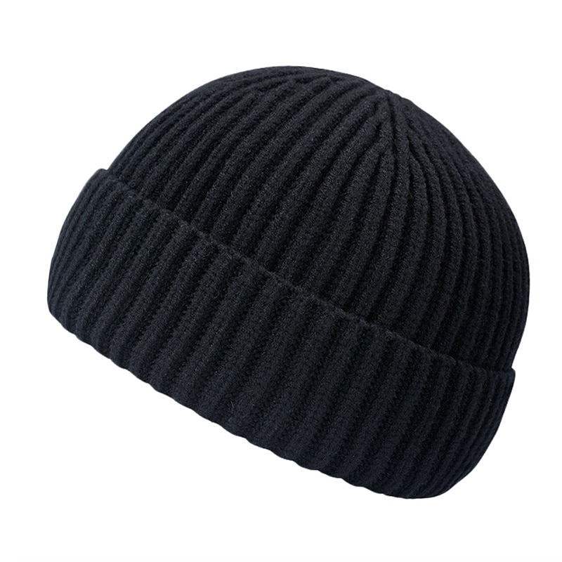 Unisex skullies mössa vinter mössor varma enfärgade stickade mössor casual manlig kort melon mössa utomhus herr mössa motorhuv: Svart