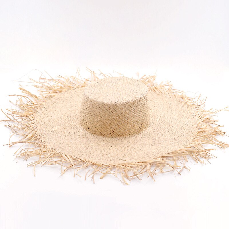 USPOP verano rafia ala ancha sombreros de sol mujeres hecho a mano sombrero de paja verano natural paja playa sombrero casual sombra de protección UV: Round flat top
