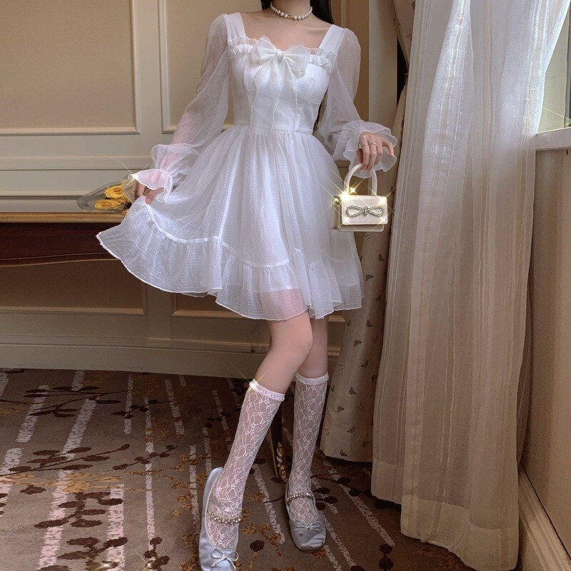 QWEEK-vestido de princesa Kawaii Vintage para mujer, vestidos de con volantes blancos, ropa bonita