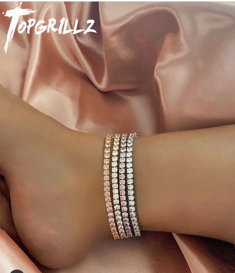 TOPGRILLZ Frauen Fußkettchen 3mm Reihe Tennis Zirkonia Fußkettchen Halsband Hip Hop Charme Schmuck Für Kann Einstellbar