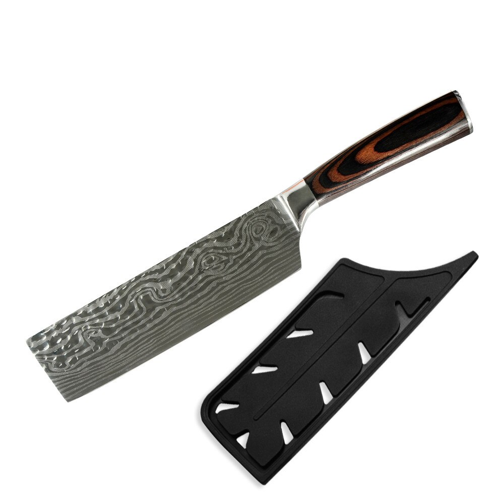 Nakiri kitchen Knife Stainless Steel Cleaver Knife 7 inch Japanese Cutter Anti-stick Damascus Vein Knife Sheath Cover Edge Guard: Default Title