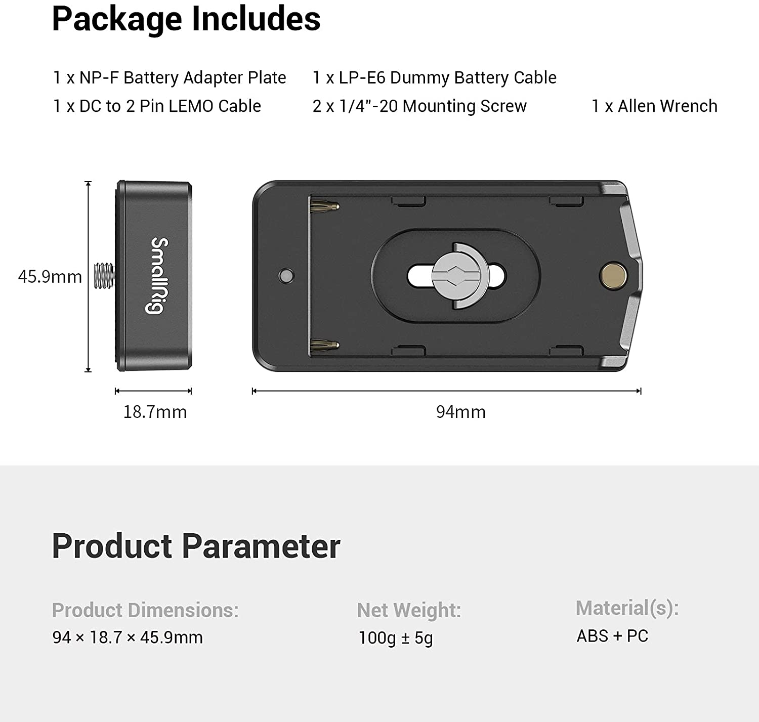 SmallRig NP-F Battery Adapter Plate Lite for BMPCC 4K &amp; 6K ABS Material 3093