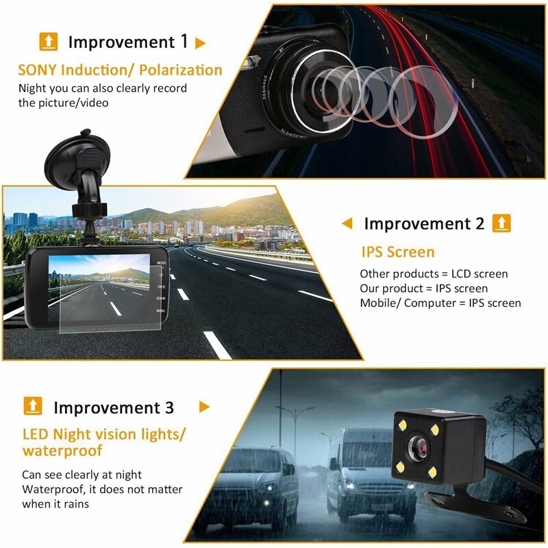 3.6 Inch Dual Lens Camera Hd 1080P Auto Dvr Voertuig Video Dash Cam Recorder G-Sensor