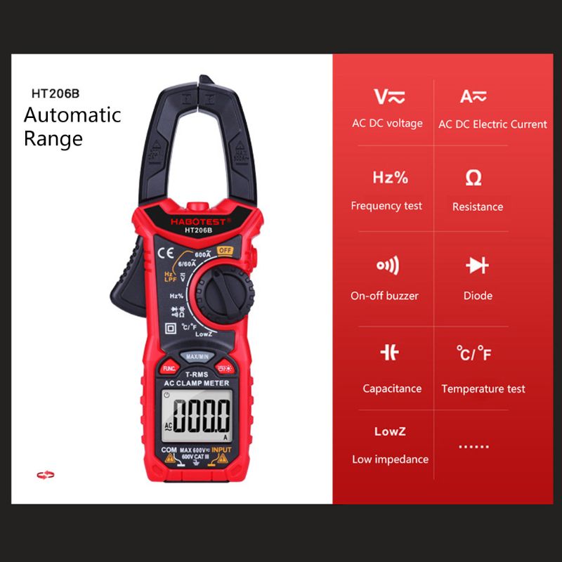 HT206 AC/DC Digital Clamp Meter Multimeter High Precision Capacitance NCV Tester