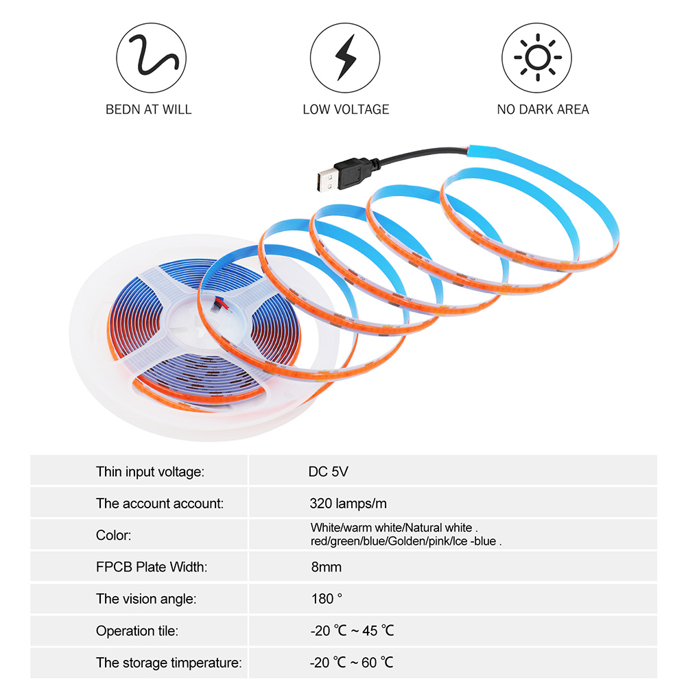 5v usb cob led -nauhaa, 320 lediä, joustava teippi, 8mm piirilevyä, valkoinen/punainen/vihreä/vaaleanpunainen/jäänsininen/keltainen nauha, yölamppu, television taustavalot