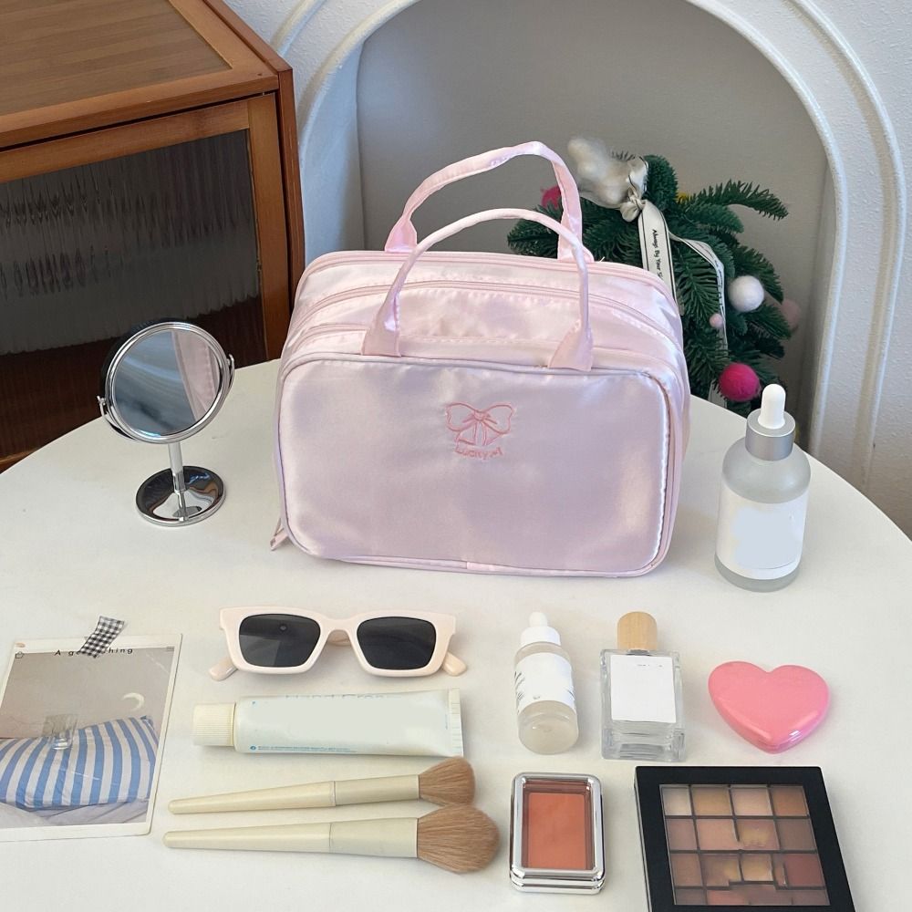Toilettas Organisator Grote Capaciteit Boog Make-up Tas Roze Doek Toiletartikelen Tas Multifunctionele Waterdichte Reistas Meisjes