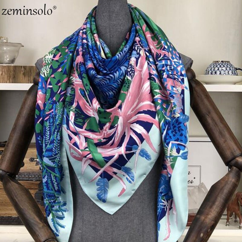 100% Twill Silk Square Scarf Women Scarves Shawls Floral Print Neckerchief 130*130cm Bandana Satin Female Foulard Scarf: Sky Blue