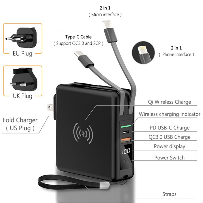 10000mah banco de potência portátil USB-C pd carga rápida 3.0 4.0 super carga plug 15w carregador sem fio para iphone xiaomi carregador rápido