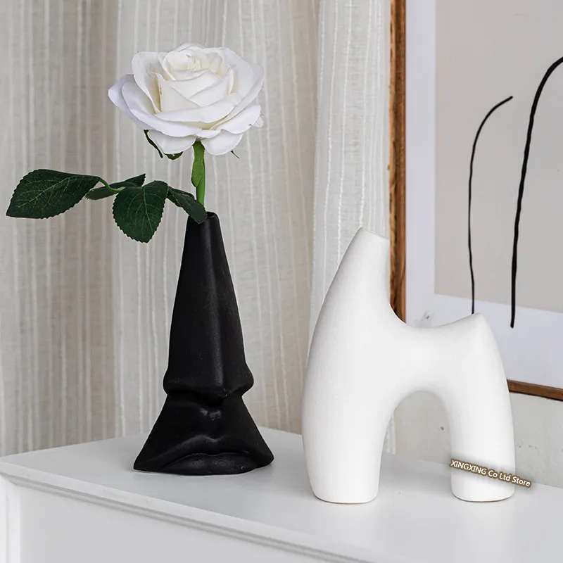 Nordic decoração casa vaso de flores preto e branco arte cerâmica minimalismo flores secas arranjo acessórios b & b ornamento