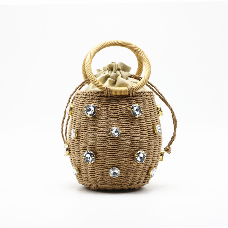 Sommer rund rattan håndlavet diamant perle taske boheme fritid strå taske spand strikning skulder crossbody perler strandtaske: Khaki