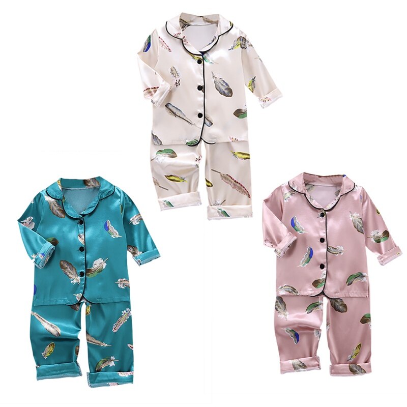 Style Children Cotton Long Sleeve Pajamas Suits Girls Boys Feather Print Sleepwear Set Blouse Tops Sleep Pants