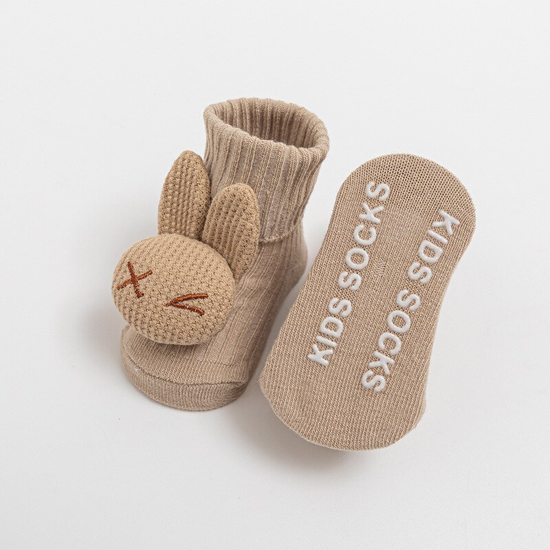 Babysocken mit Karikatur-motiven 3d einfarbig, mit schleife, rutschfester sohle, weich und warm, Ideal für babys und kleinkinder, für Höhle Winter.: Braunes kaninchen