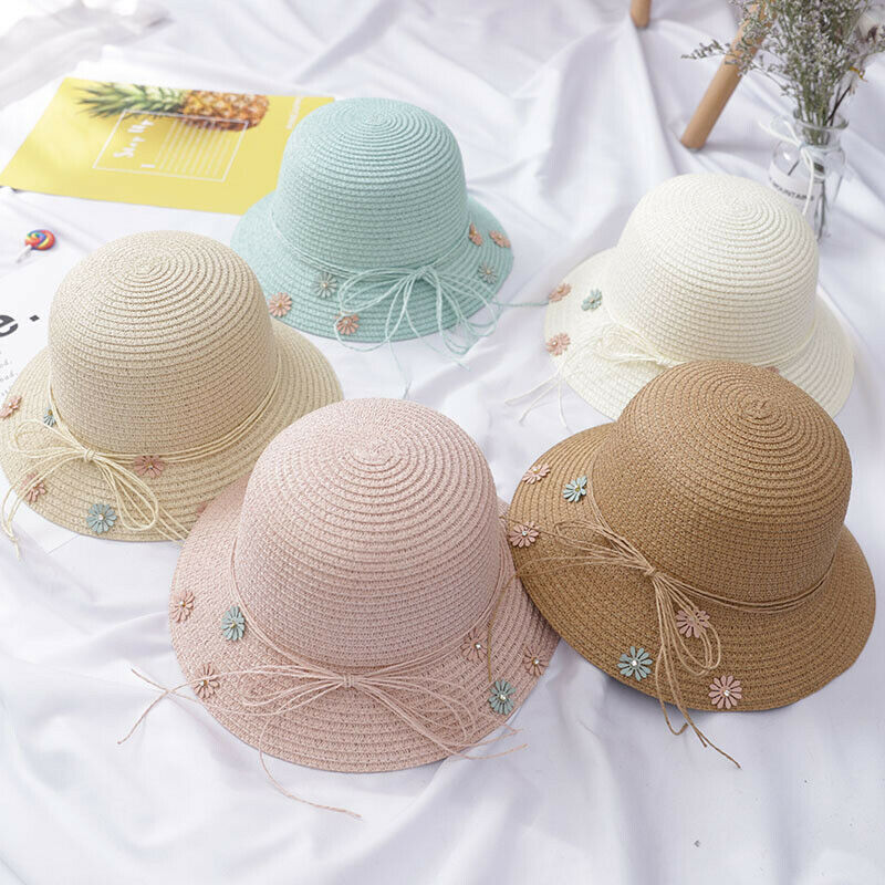 Girls Kids Beach Princess Cute Bucket Flower Cap Straw Sun Hat+Shoulder Handbag Bag Set US