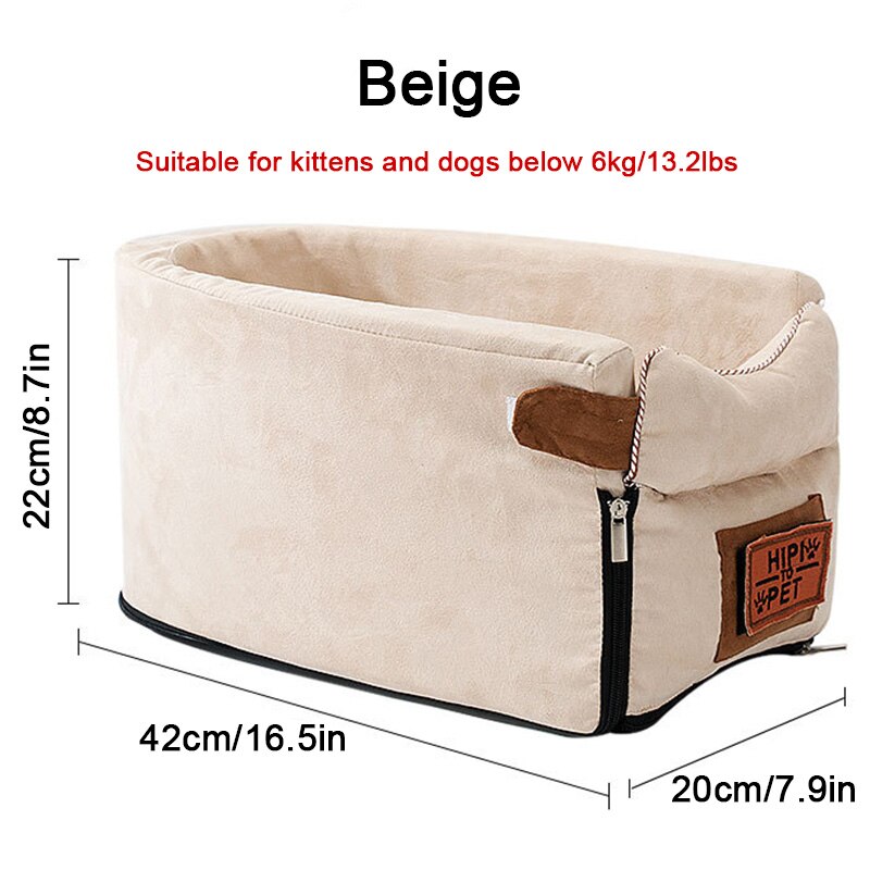 Asiento de coche portátil para mascotas, compartimento de reposabrazos para coche, cama Perrera de refuerzo, antideslizante, para perros pequeños, gatos y viajes: Beige