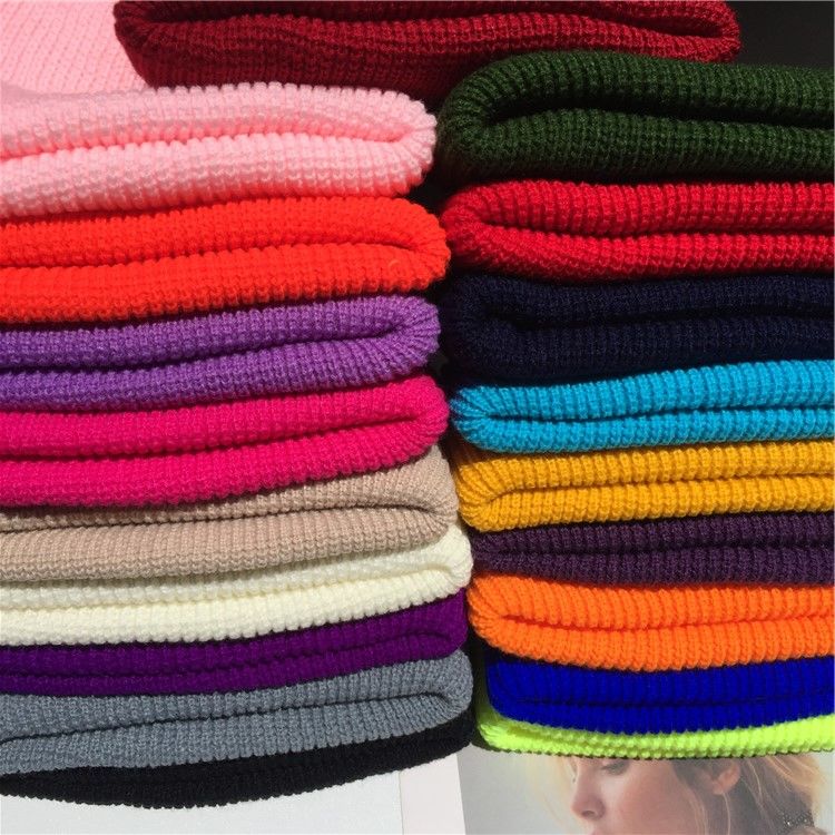 Gorro de lana de punto cálido de Color sólido de invierno y otoño para hombre y mujer, gorro con puños fluorescentes, gorro femenino, gorro cálido, gorro informal