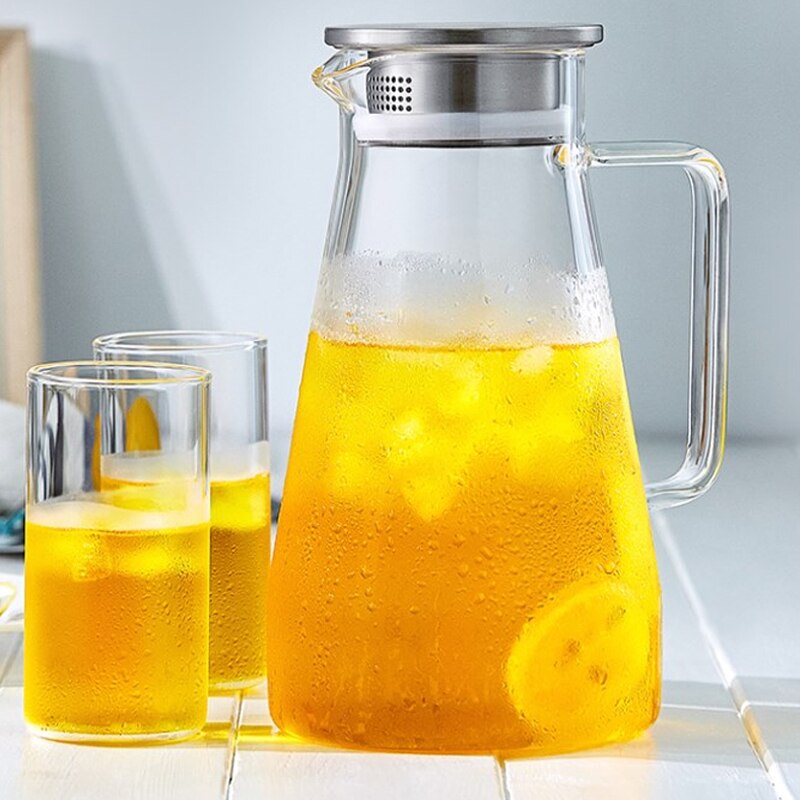 Borosilicate Glass Pitcher with Handle, Heat Resistant Water Carafe with Stainless Steel Lid, 1500ml/1800ml Teapot Kettle