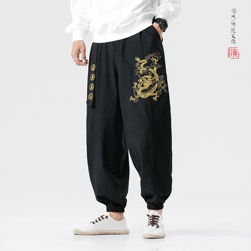 Japanese Casual Kimono Pants Dragon pattern Loose Samurai Print Trouser Japan Men Traditional Asian Costume Yukata Style Cotton