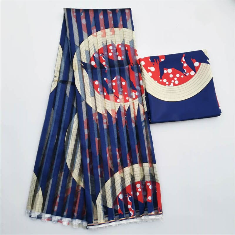 Fashionable African Wax Printed Organza Ribbon fabric 4 yards match 2 yards silk fabric !: Deep Blue