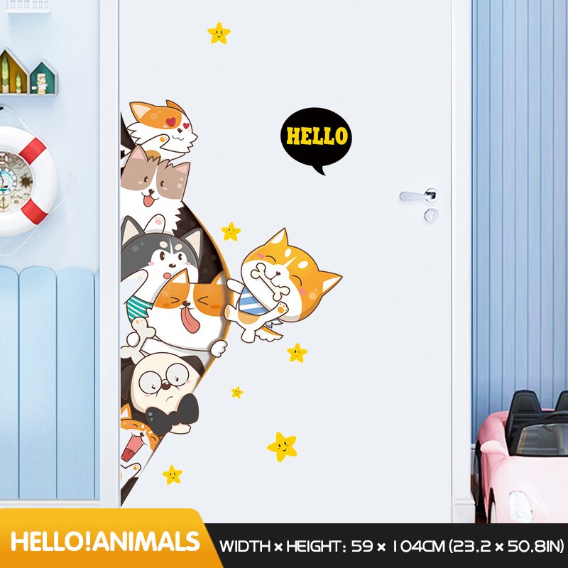 Pegatinas de pared de animales bonitos, pegatina de puerta, decoración de esquina, autoadhesiva, decoración del hogar, habitación de niños, decoración de dormitorio de bebé: Hello animals